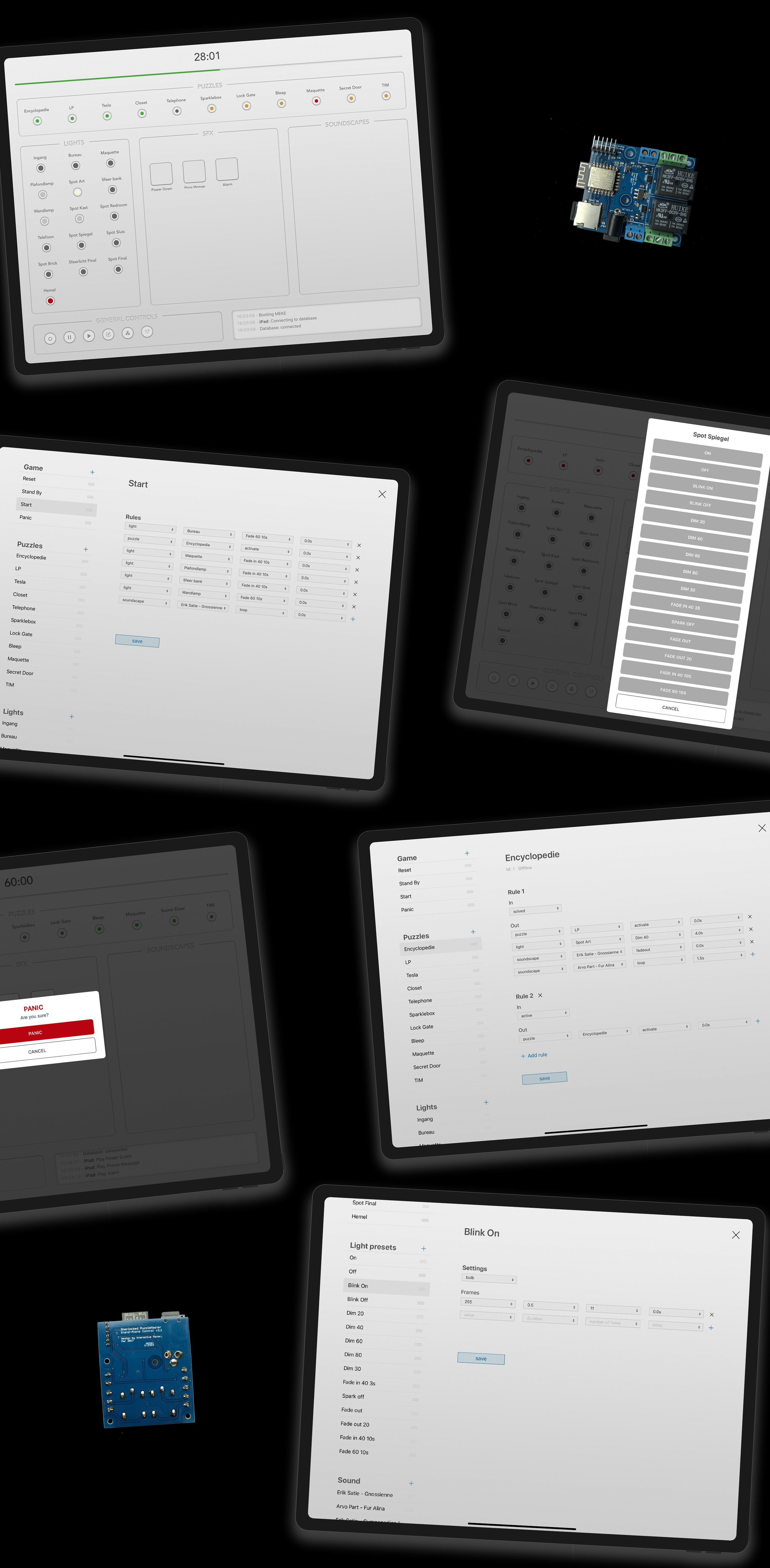 Tablets showing the MEKE control panel for puzzles, lights and sound, with the electronics boards that run them
