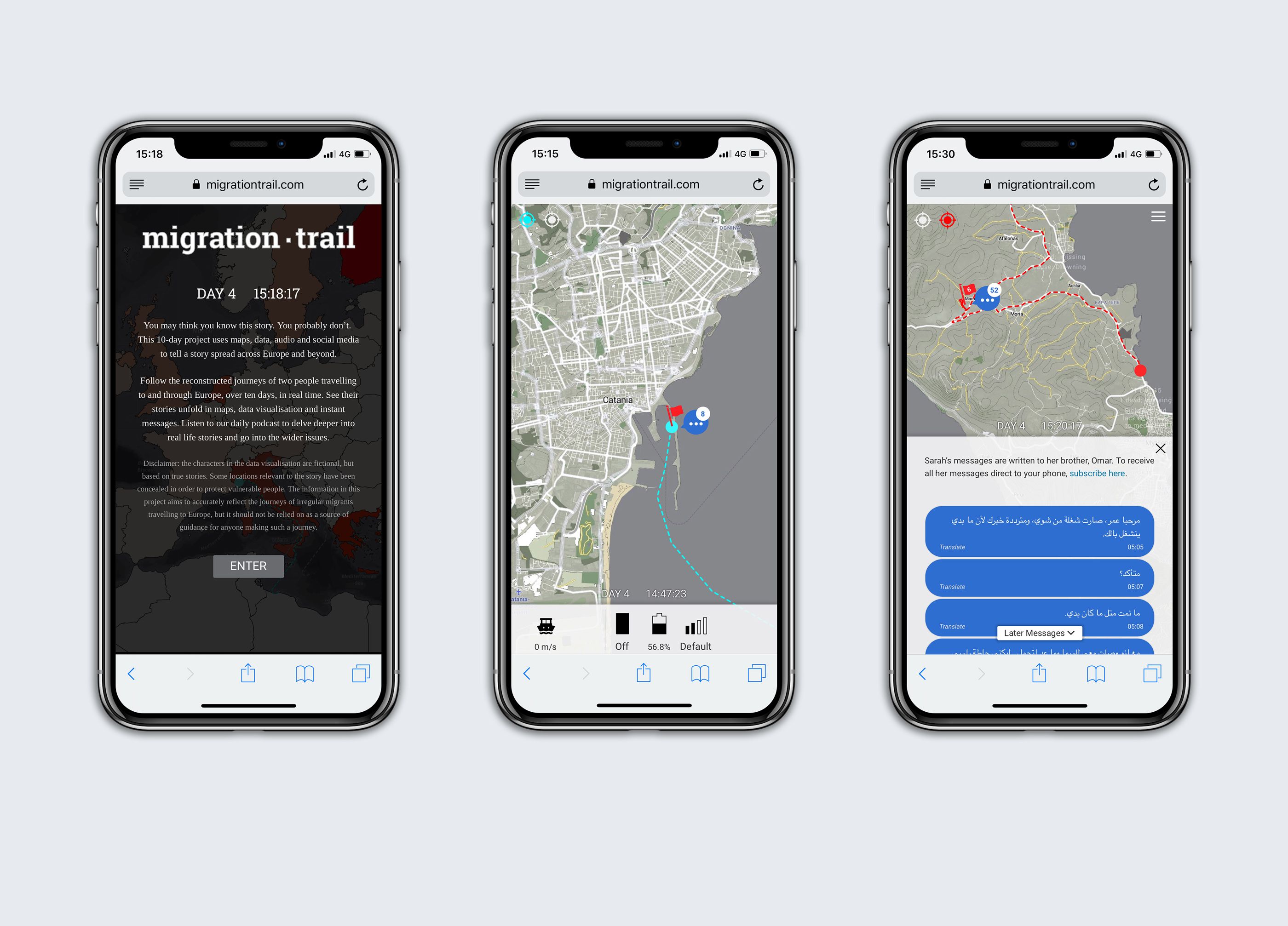 Three phones showing Migration Trail on mobile: the intro, a live map of a coastal city and a chat with messages along the route