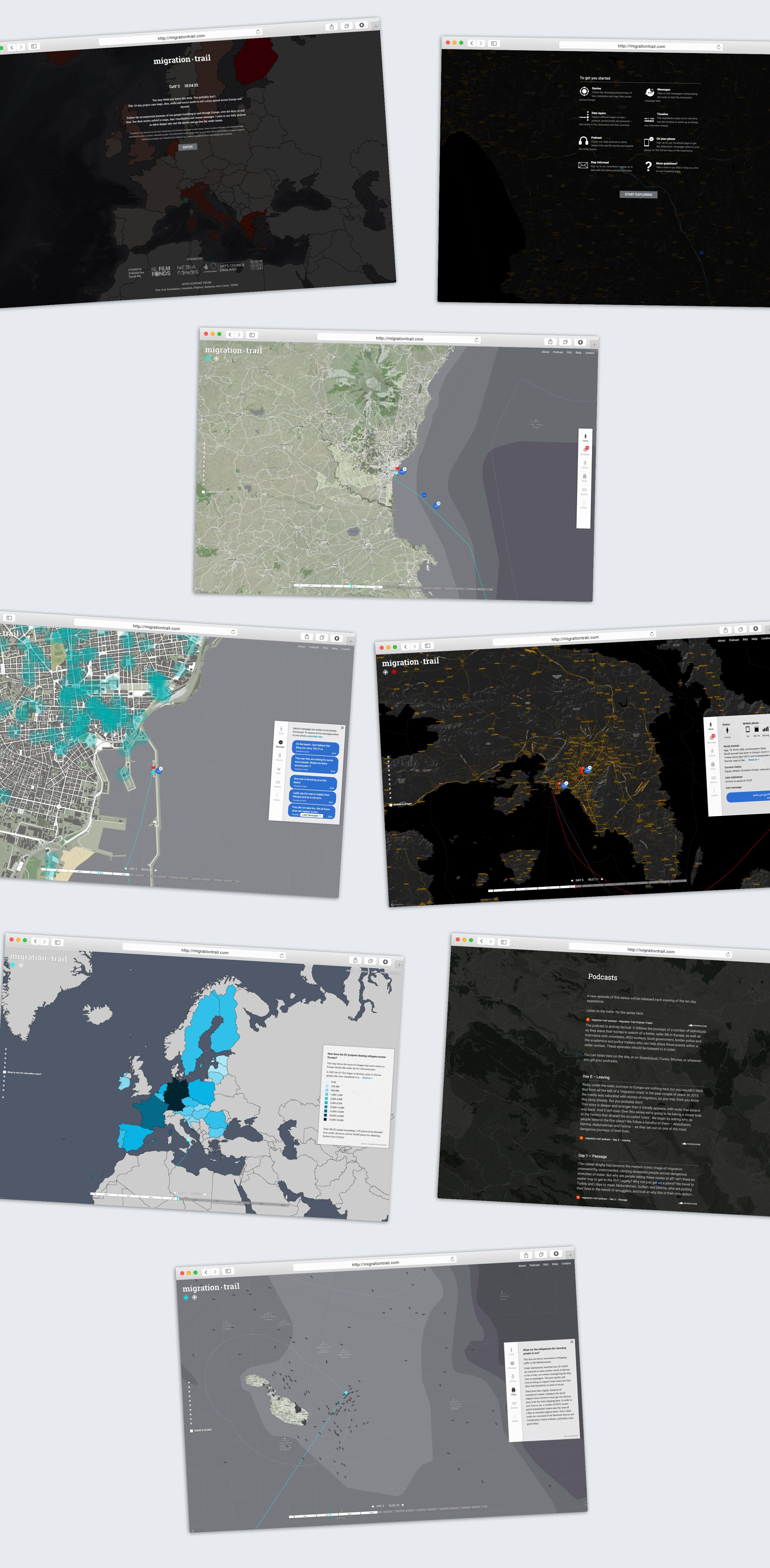 Screens of the Migration Trail website: live maps of the two journeys, data visualisations of Europe and the daily podcast