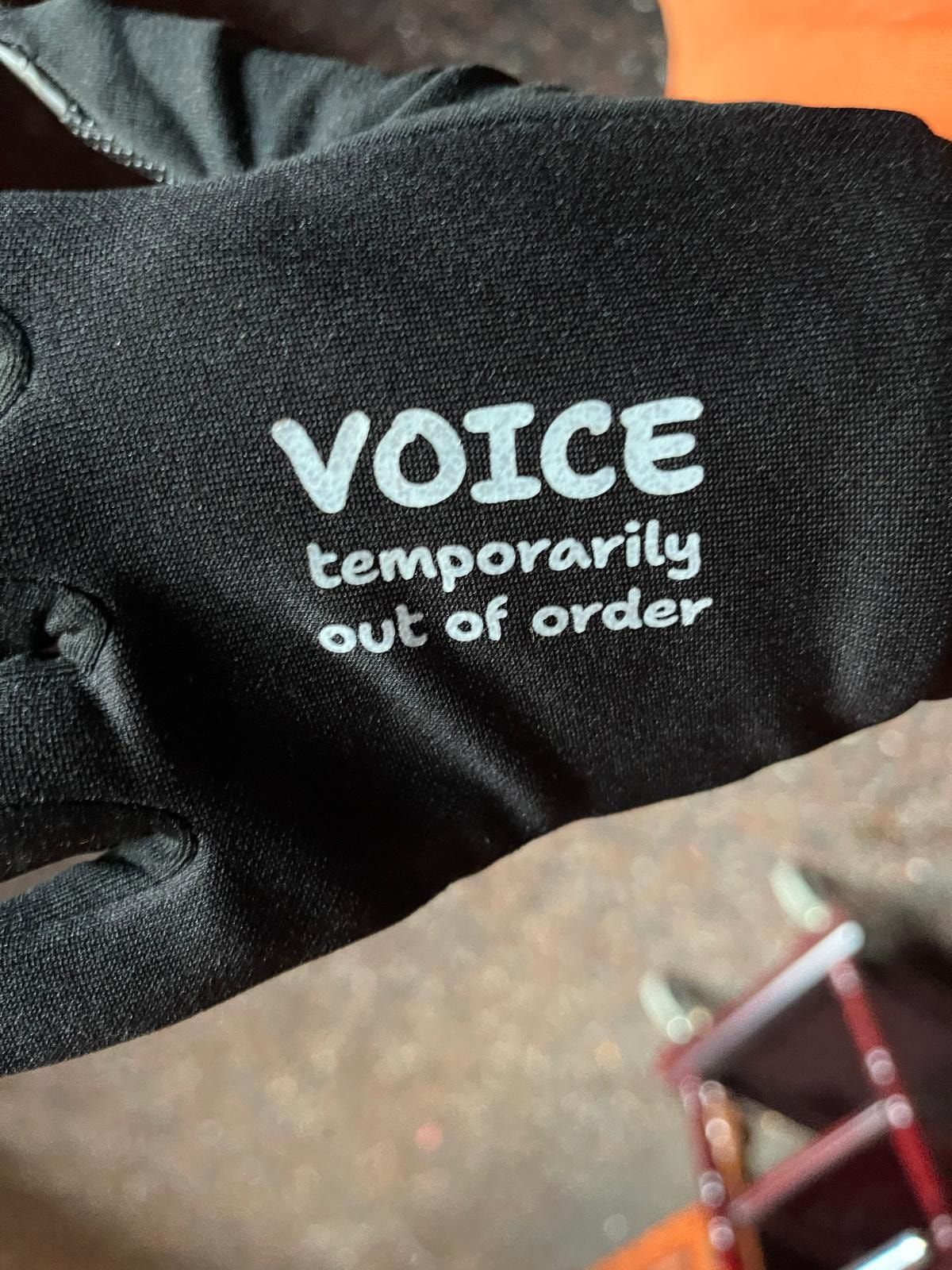 The left glove, printed with: VOICE temporarily out of order