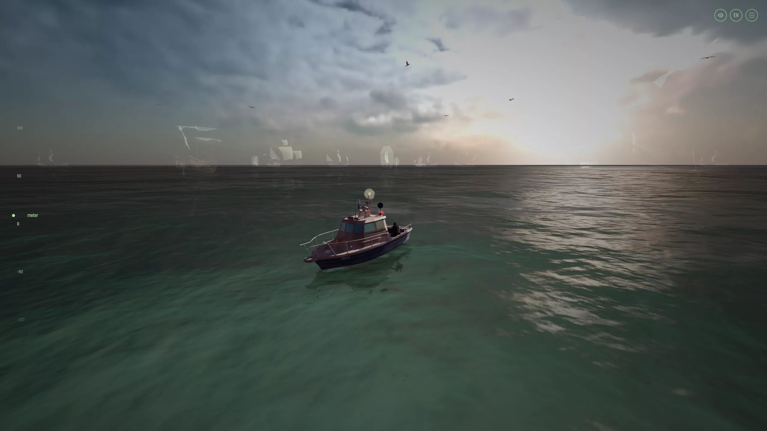 A small boat on a calm green sea under a stormy sky, a still from the interactive documentary