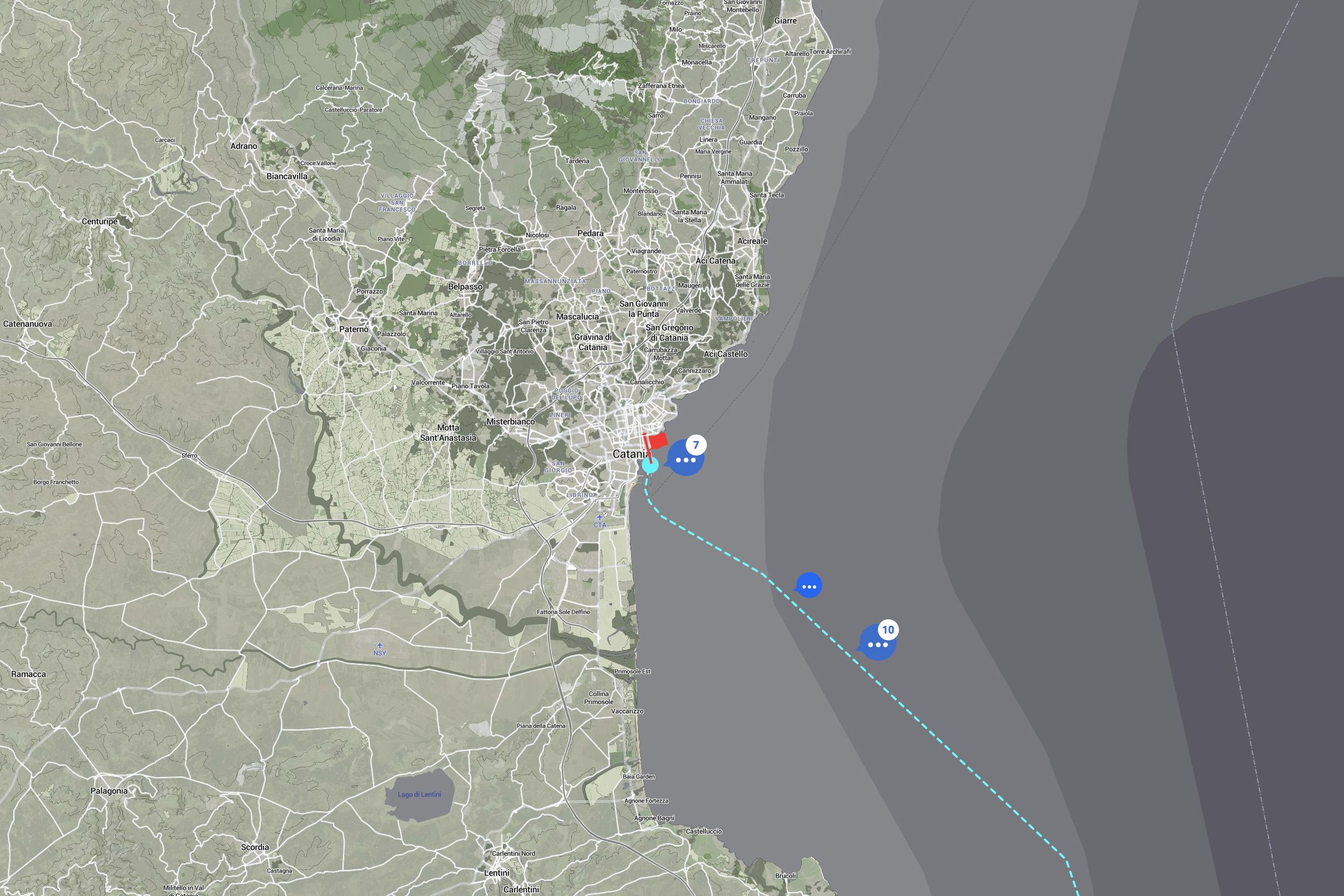 Map of the Turkish coast with a dotted route out to sea and message markers along the way