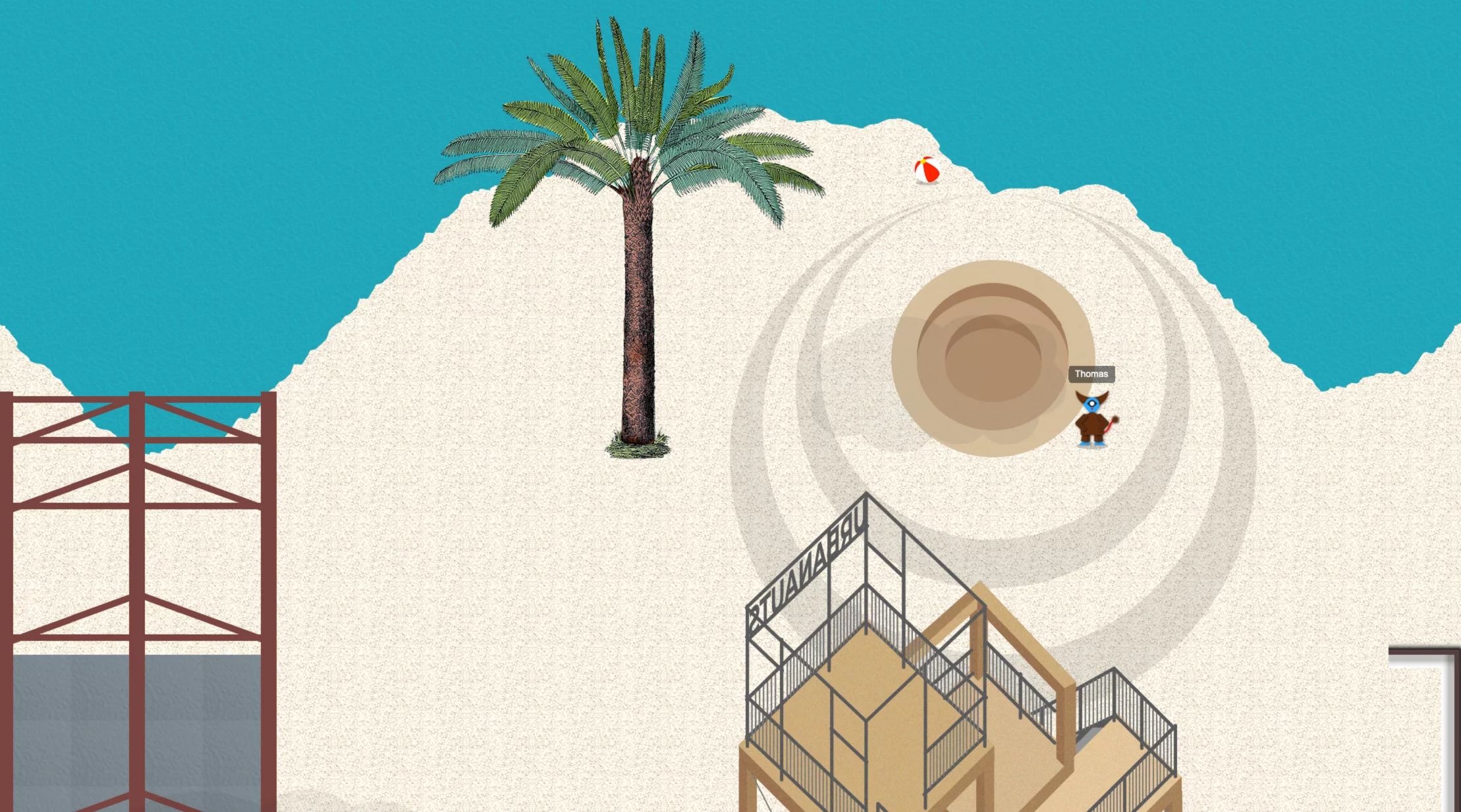 An illustrated online world seen from above: a beach with a palm tree, a scaffold and a small avatar