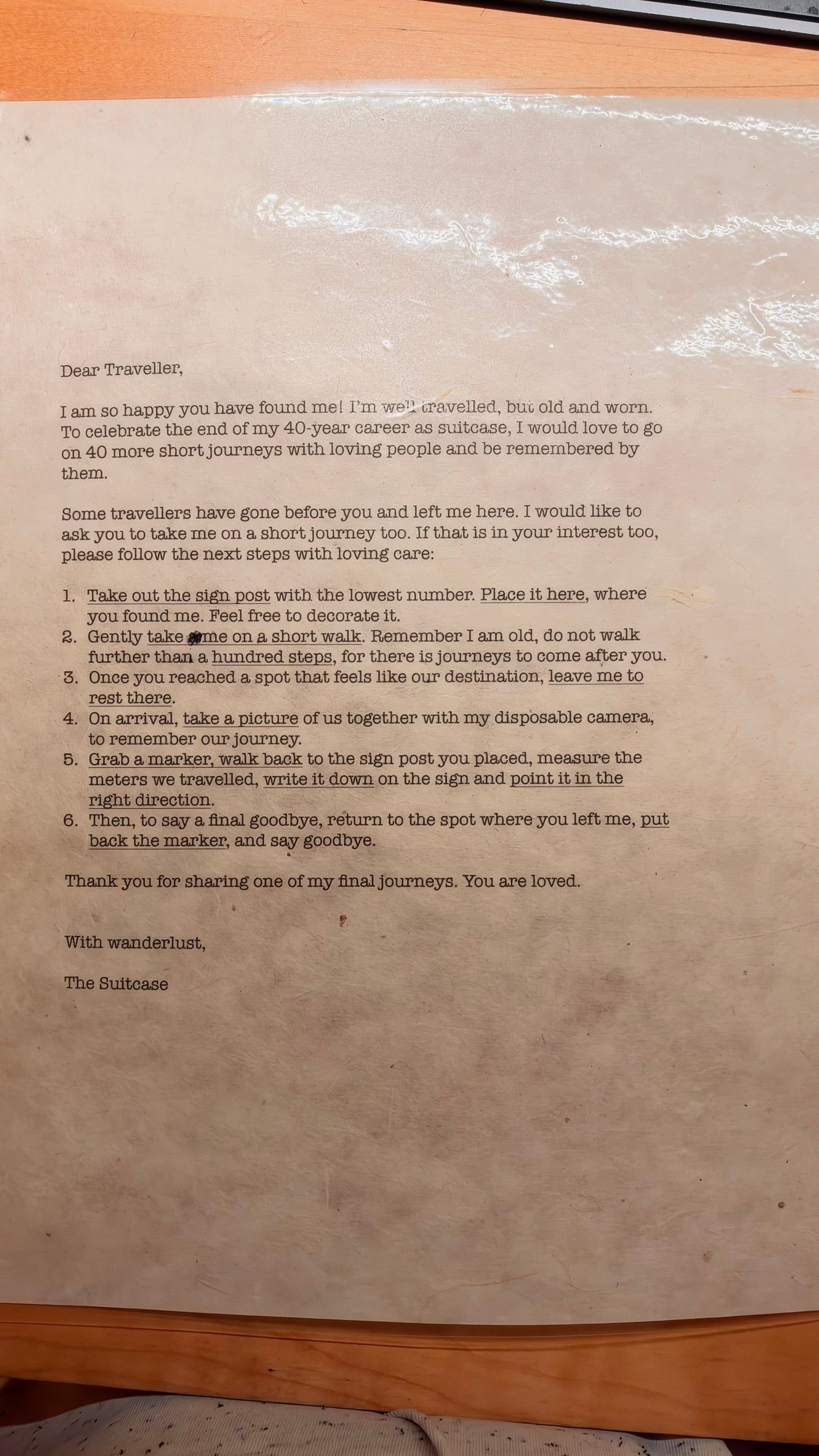 The typed letter from The Suitcase to the traveller who finds it