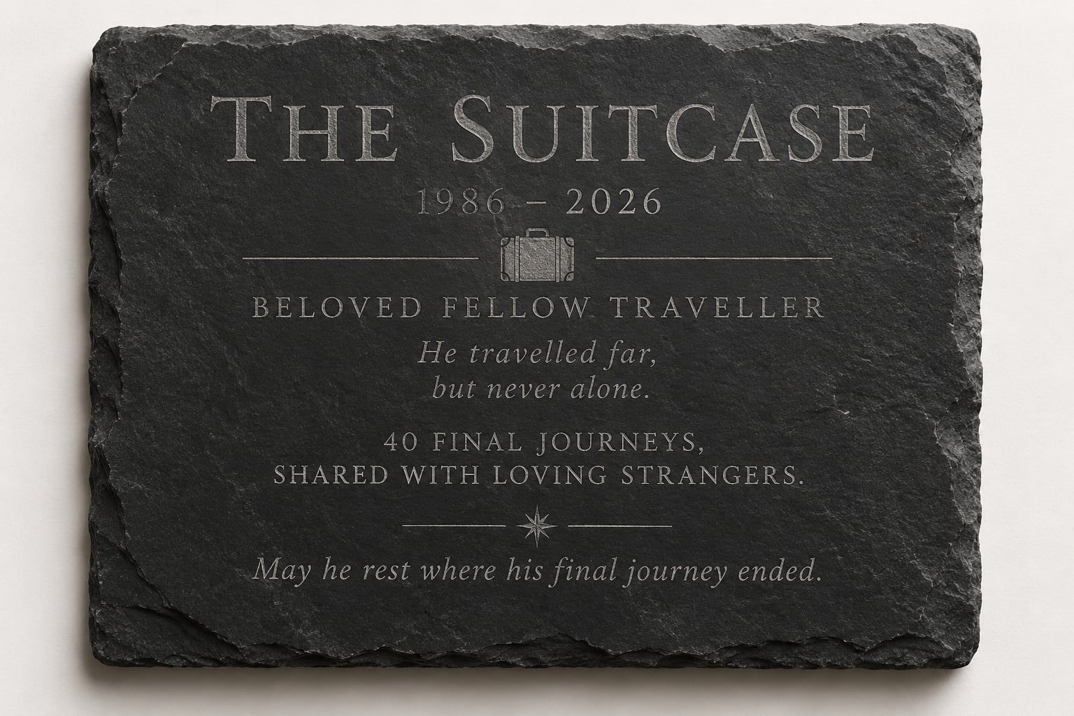 A slate memorial stone engraved with: The Suitcase, 1986 – 2026, beloved fellow traveller. He travelled far, but never alone. 40 final journeys, shared with loving strangers. May he rest where his final journey ended.